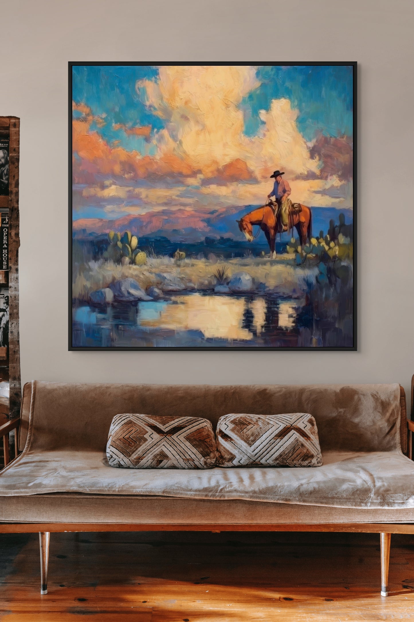 Cowboy on Horseback Western Landscape Painting – Sunset Reflection, Cactus, & Water – Home and Office Decor