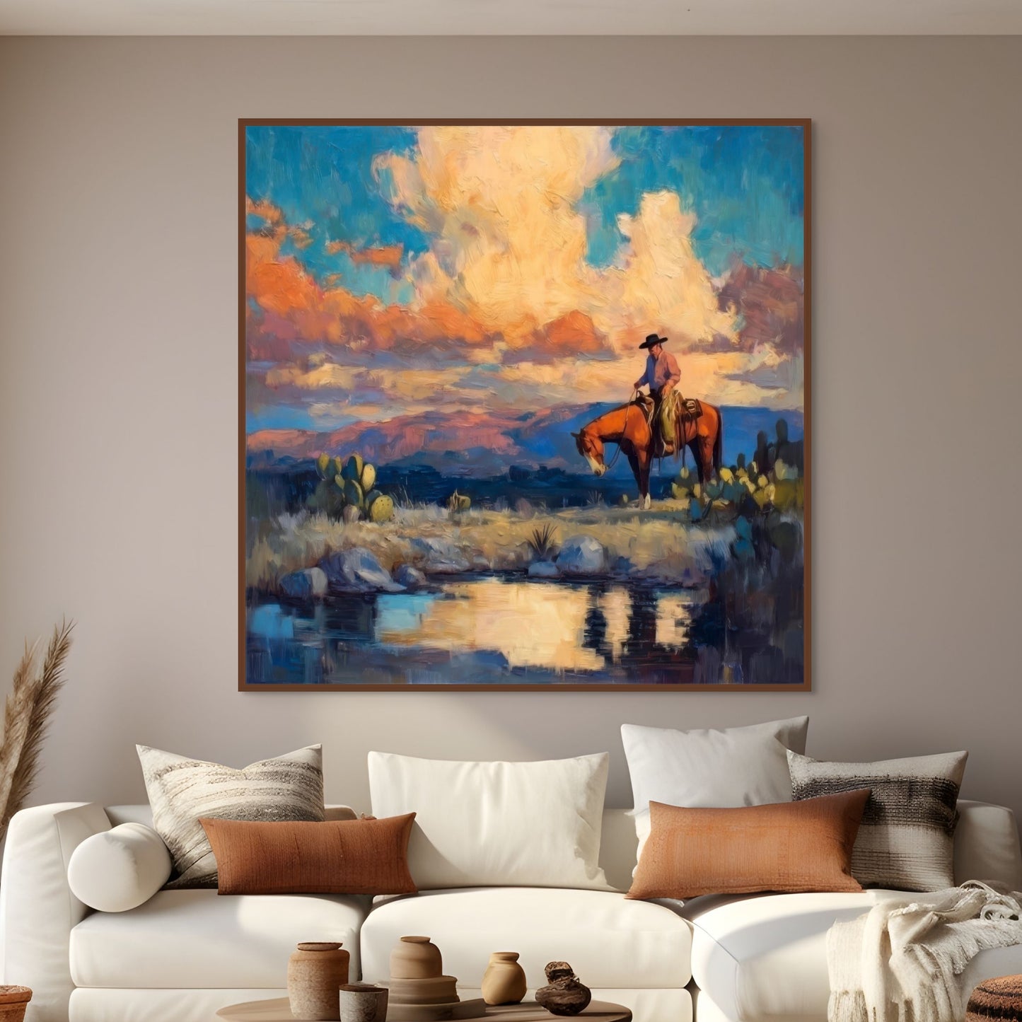Cowboy on Horseback Western Landscape Painting – Sunset Reflection, Cactus, & Water – Home and Office Decor