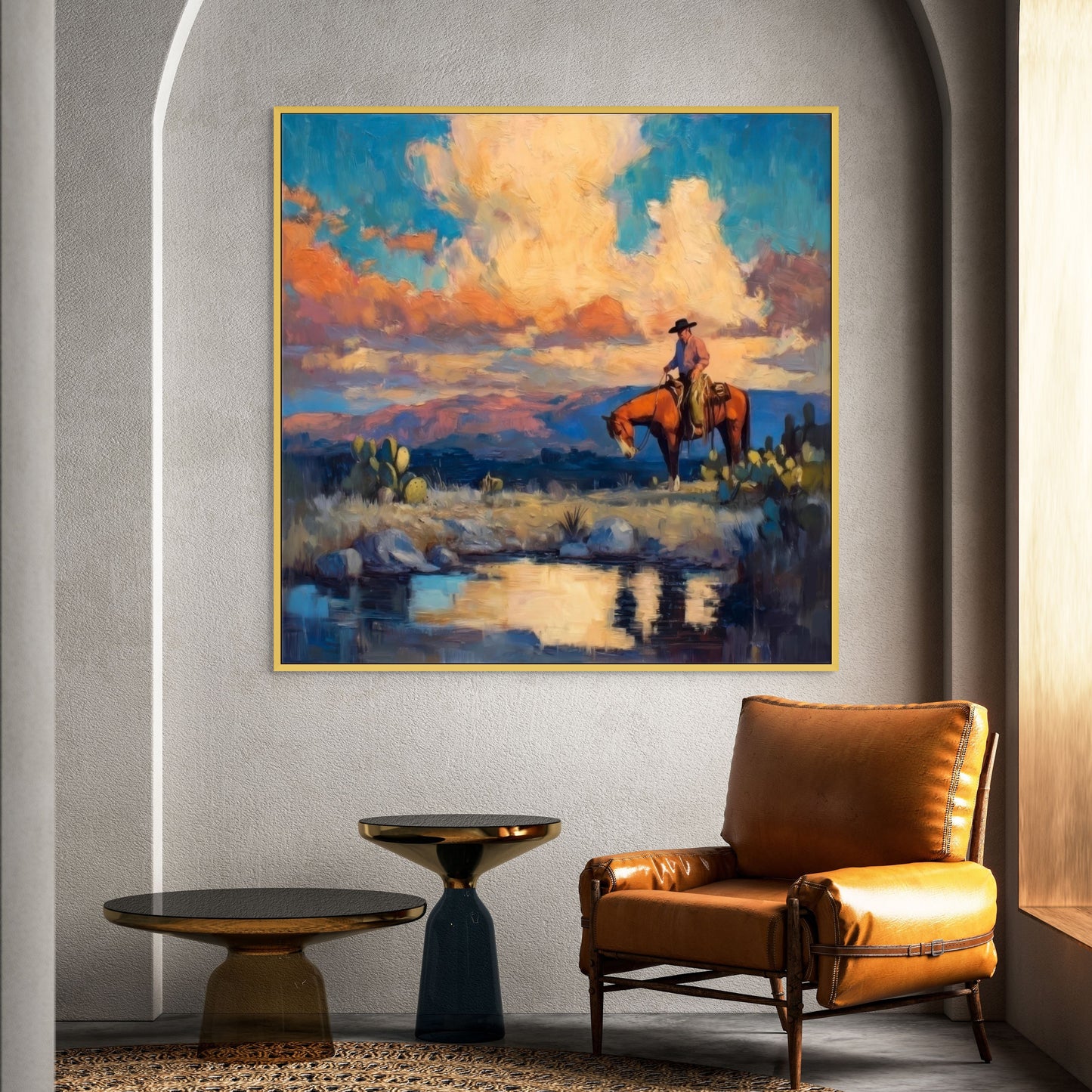 Cowboy on Horseback Western Landscape Painting – Sunset Reflection, Cactus, & Water – Home and Office Decor