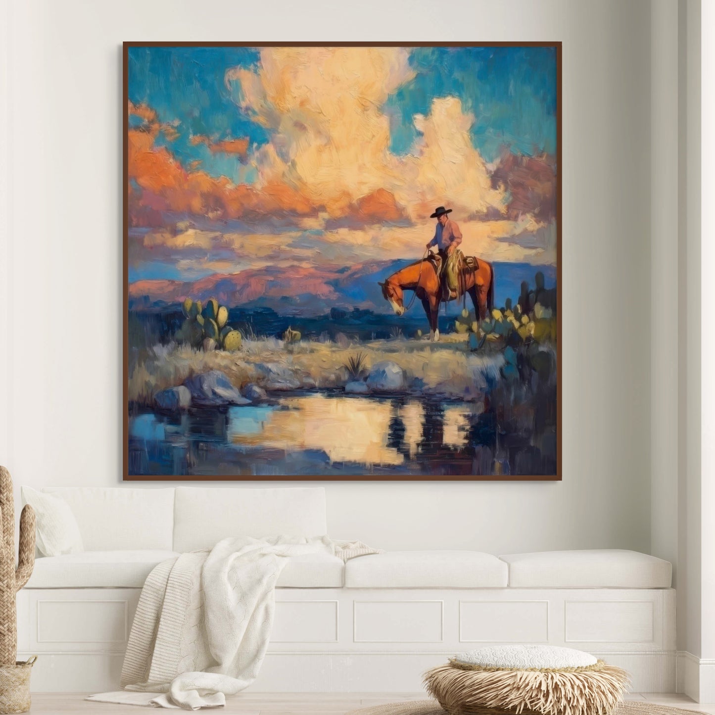 Cowboy on Horseback Western Landscape Painting – Sunset Reflection, Cactus, & Water – Home and Office Decor