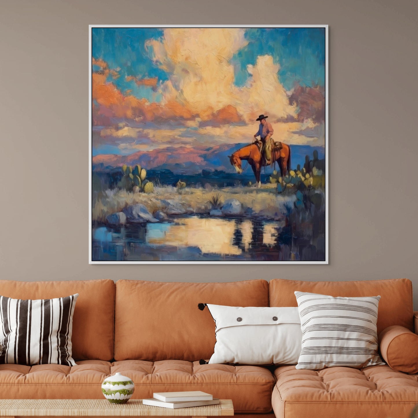 Cowboy on Horseback Western Landscape Painting – Sunset Reflection, Cactus, & Water – Home and Office Decor