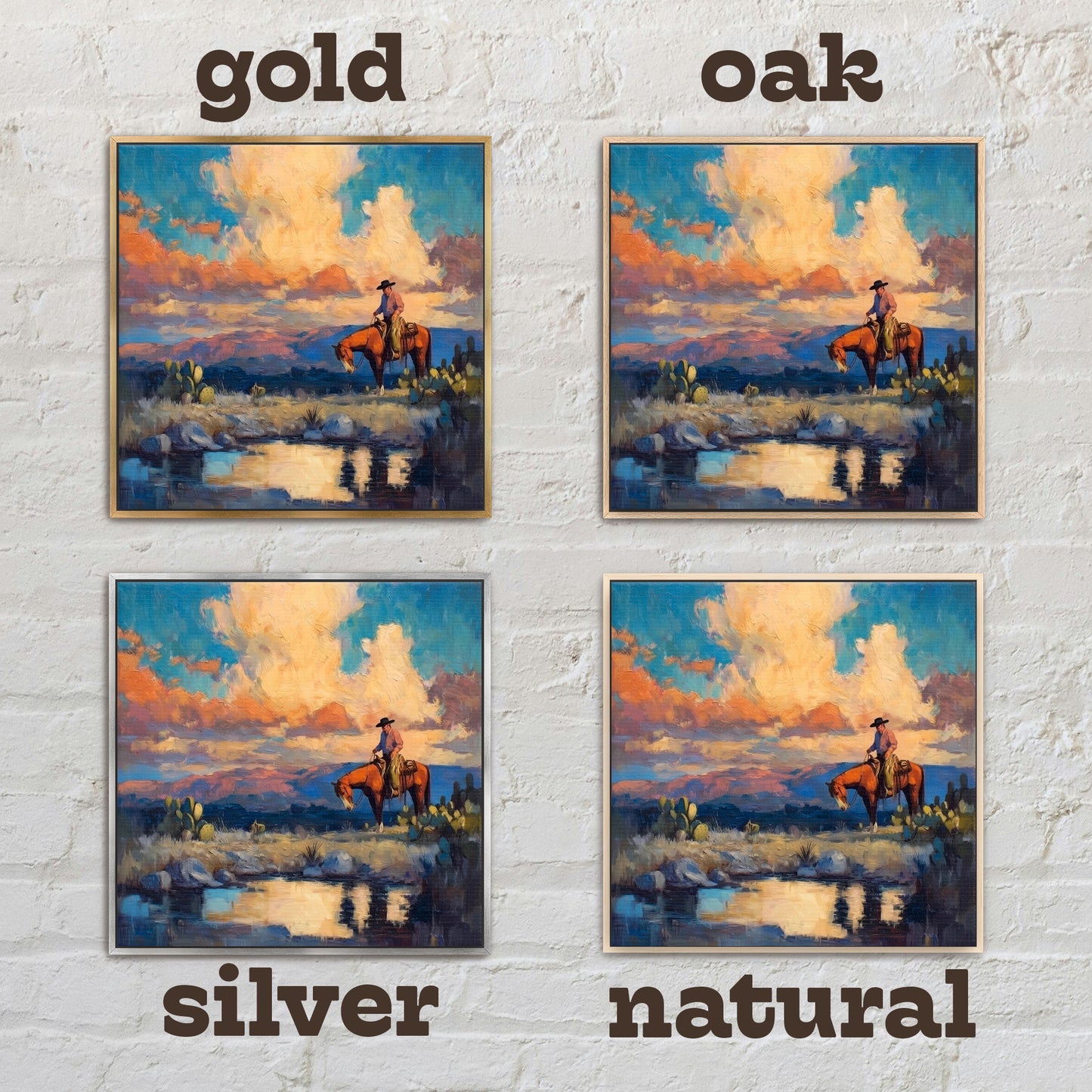 Cowboy on Horseback Western Landscape Painting – Sunset Reflection, Cactus, & Water – Home and Office Decor