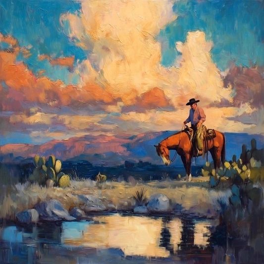Cowboy on Horseback Western Landscape Painting – Sunset Reflection, Cactus, & Water – Home and Office Decor