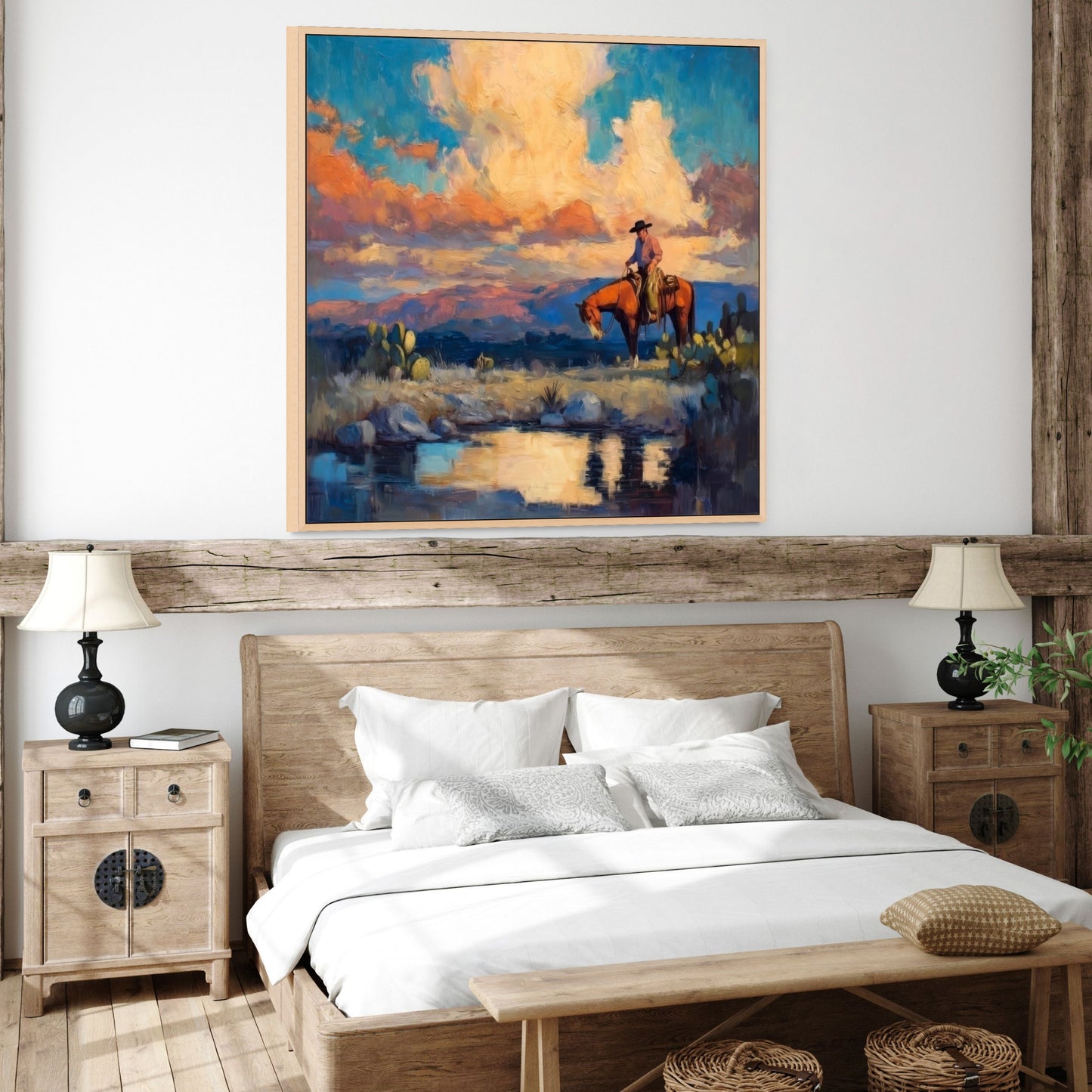 Cowboy on Horseback Western Landscape Painting – Sunset Reflection, Cactus, & Water – Home and Office Decor