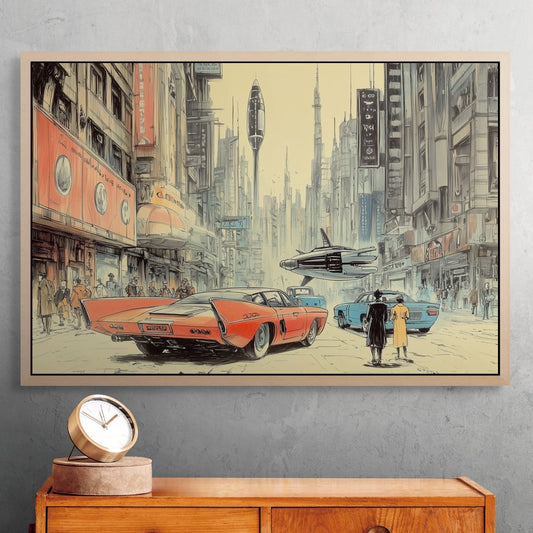 Futuristic Cityscape + Retro Futurism + Sleek & Dynamic + Home and Office Decor